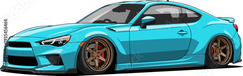 A sleek, blue sports car with bronze wheels parked on a plain surface, viewed from the side, showcasing its aerodynamic design