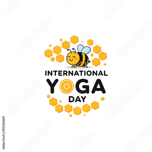 International Yoga Day bee mascot with honeycomb accents