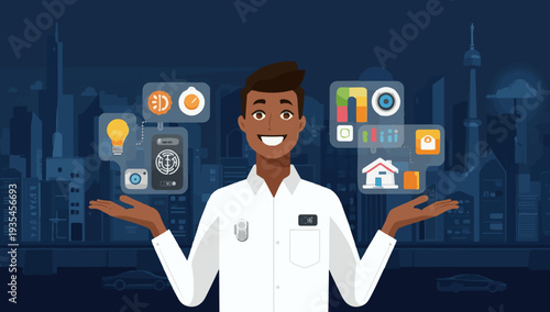 Vector illustration template of a smart home with a man holding innovative icons, showcasing home automation and intelligent devices on virtual smart home technology