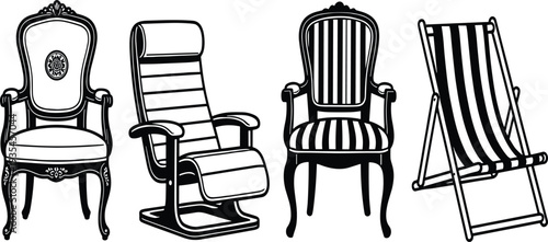 Vintage and Modern Chair Icon Set Featuring Classic Armchairs, Striped Seats, Recliner, and Folding Deck Chair Outline Vectors for Interior Design and Furniture Catalogs (
