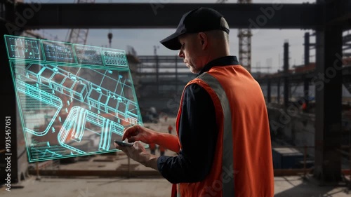 Site Manager Reviews Digital Holographic Visualization Of Construction Blueprint And Equipment Placement