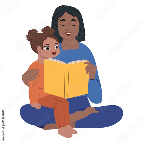 Vector illustration of a mother reading a book to her little daughter. Perfect for Mother's Day cards, spring themes, and heartfelt designs.