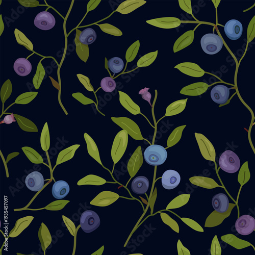 Seamless pattern of blueberry twigs with forest blue berries and leaves on a dark background in a flat style for packaging, textiles, fabrics, interior textile decor, and wallpapers, backgrounds