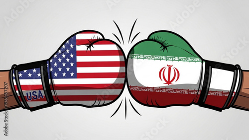 Clashing boxing gloves with USA and Iran flags, symbolizing conflict and tension between nations in a competitive sports environment