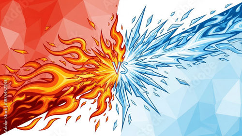 An intense collision between fiery red flames and icy blue shards, depicted in a dynamic, abstract vector graphic illustration.