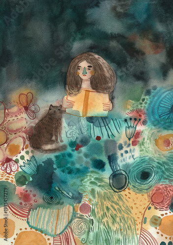 A girl reading a book in a bed accompanied by a cat, with lots of patterns and colours around. 