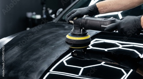 Close-up of a technician polishing a black vehicle hood with a rotary tool under studio lights, automotive restoration, car paint correction.