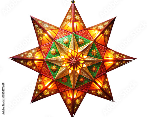Colorful star shaped Christmas lantern with red green and gold details on white background isolated on a transparent background