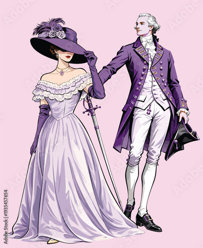 069-35-Dressed in luxurious purple period costumes, an elegant historical couple appears together