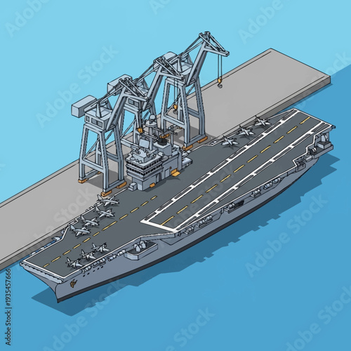 Aircraft Carrier Ship with Cranes and Runway.