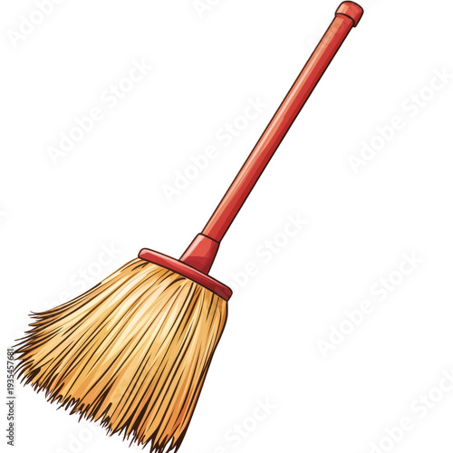 Cartoon Style Broom With Red Handle For Sweeping Purposes On A White Background.