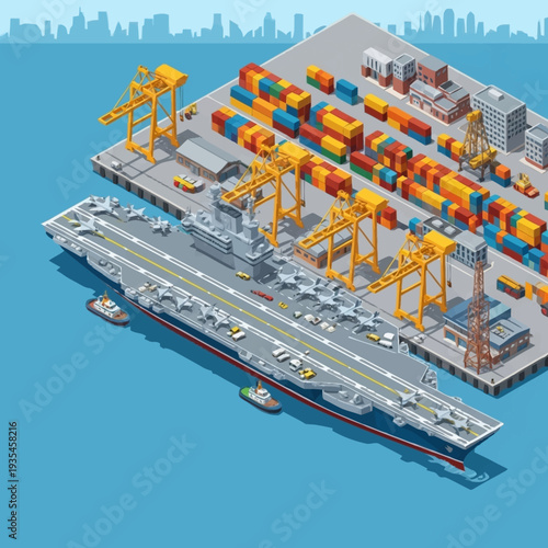 Container Shipping Terminal with Cargo Ship.