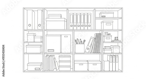 Modern office shelving unit filled with binders and supplies.