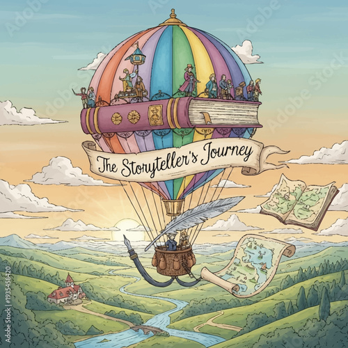 Vibrant Hot Air Balloon with Storybook Elements.