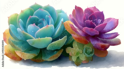 Watercolor illustration showcasing two vibrant succulent plants with varying colorful hues