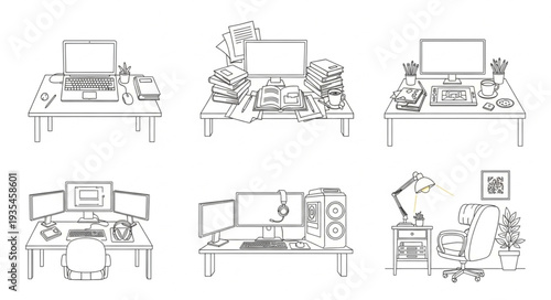 Collection of six desk setups with computers and decorative elements.