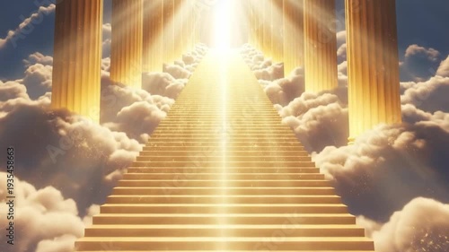 Golden Stairway to Heaven with Radiant Divine Light Between Majestic Columns Above Clouds, Celestial Path to Paradise Concept, Spiritual Faith, Salvation and Eternal Hope Background in Dreamlike Sky