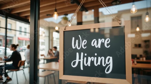 Job Recruitment Announcement – Modern Office Storefront with Hiring Sign for Career Websites and Employment Platforms