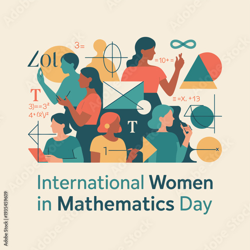 International Women in Mathematics Day with diverse women and mathematical symbols