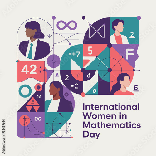 International Women in Mathematics Day is colorful with women and mathematical symbols female
