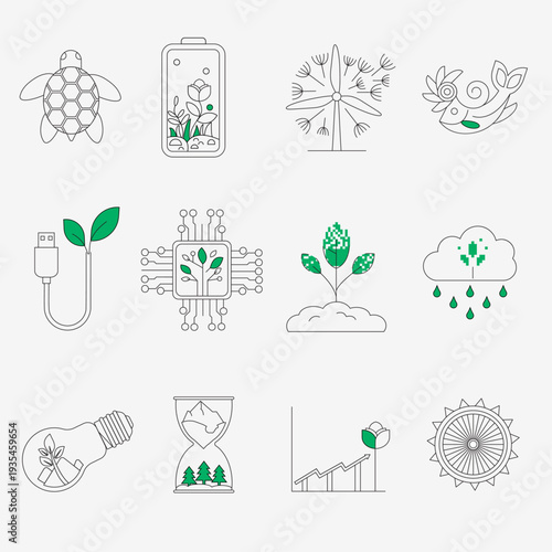 Sustainable energy and eco innovation line icons set, green technology metaphors with wind turbine dandelion, solar panel turtle, hourglass forest and ESG business symbols.