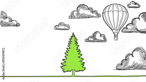 A serene landscape with a hot air balloon soaring above a tree amidst fluffy clouds