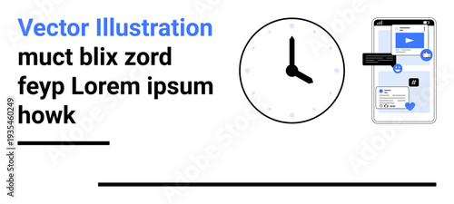 Productivity, time tracking, digital communication, online interaction, scheduling, technology. Clock illustration with smartphone screen apps. Time tracking and digital communication concept