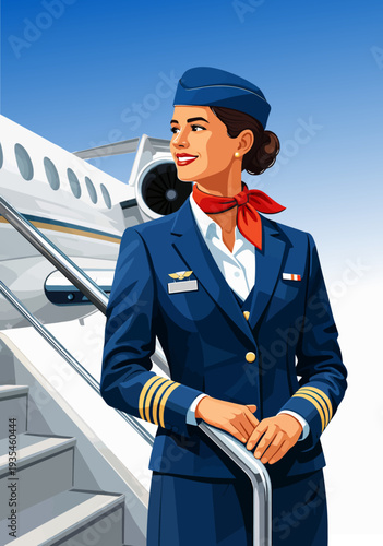 069-06-Smiling flight attendant woman wearing uniform and scarf, standing on airplane boarding stairs