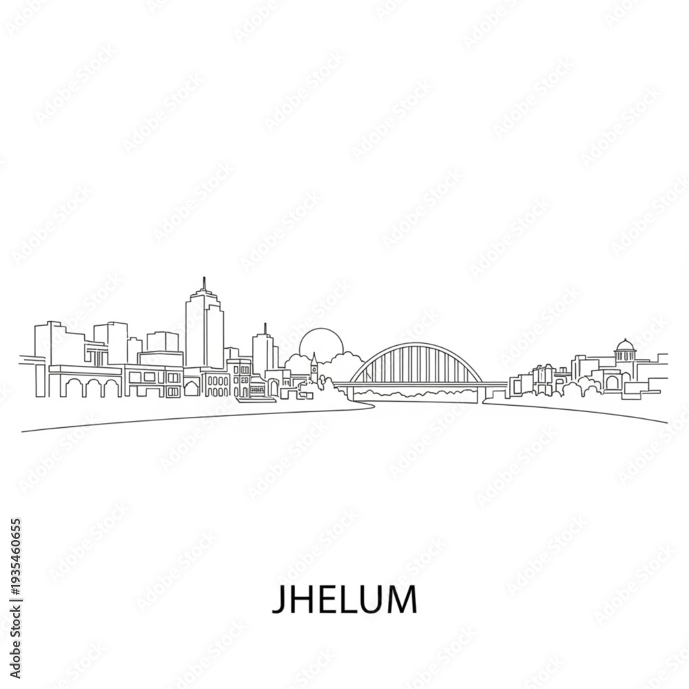 Naklejka premium A minimalist line art illustration of the Jhelum city skyline with a prominent bridge and buildings