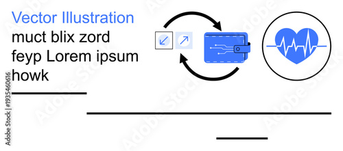Healthcare systems, financial tech, digital payments, data exchange, innovation, wellness tracking. Wallet money and a heartbeat icon. Financial tech and healthcare systems concept