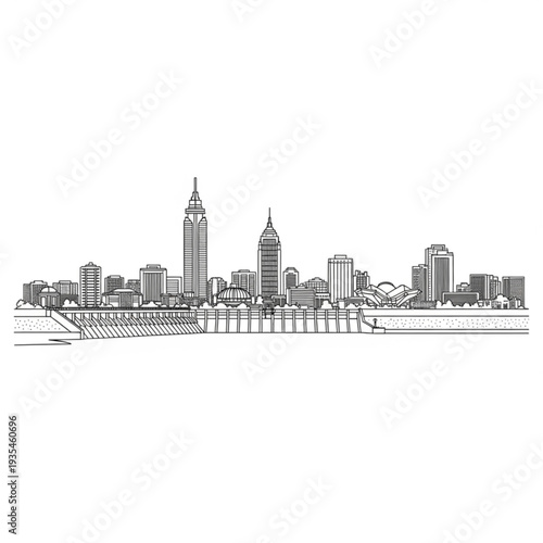 A black and white line drawing of the New York City skyline with iconic skyscrapers and a waterfront promenade