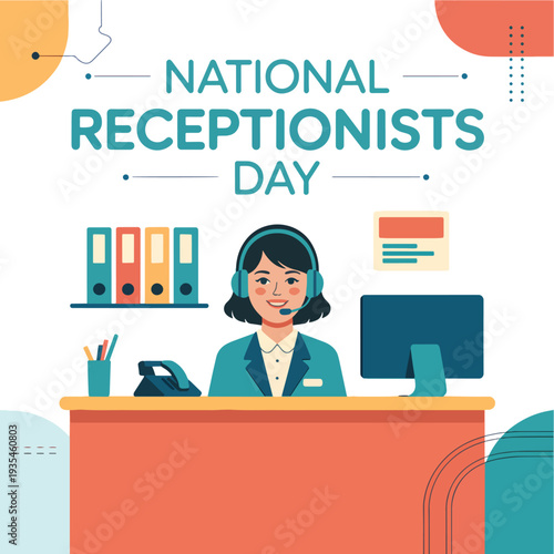 National Receptionists Day with a woman wearing a headset behind a desk