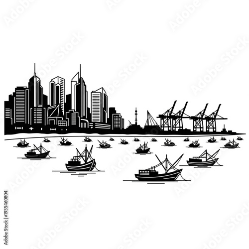 A black and white vector graphic illustration of a city skyline with boats and cranes in the harbor