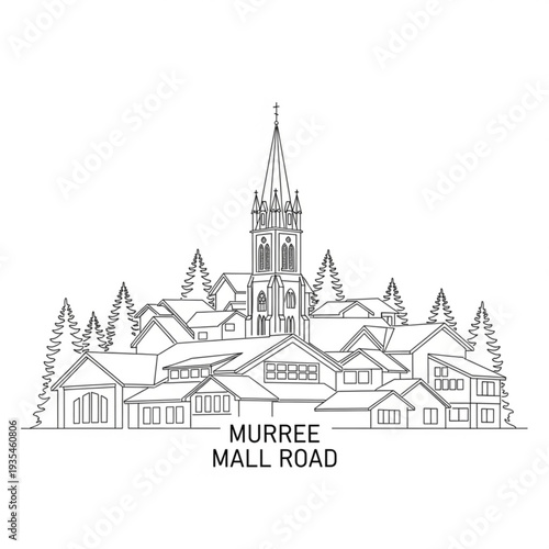 A black and white line drawing of a church and houses on Murree Mall Road