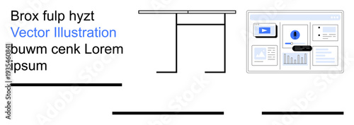 Data analysis, office setup, workspace design, business productivity, graphic statistics, information display. Minimalistic office desk and data interface. Data analysis and workspace design concept