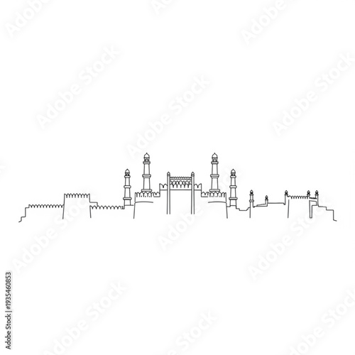 A minimalist line art illustration of a fort with towers and battlements