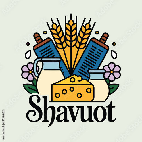 Shavuot holiday with dairy products, wheat flowers Jewish holiday milk cheese