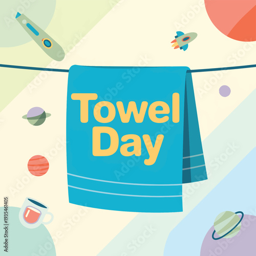 Towel Day celebration with planets and a space rocket