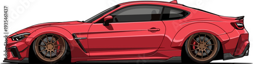 A red sports car is viewed from the side on a plain white background