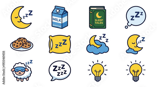 Cartoon Sleep Bedtime and Relaxation Icons Set with Moon Milk Sheep and Ideas