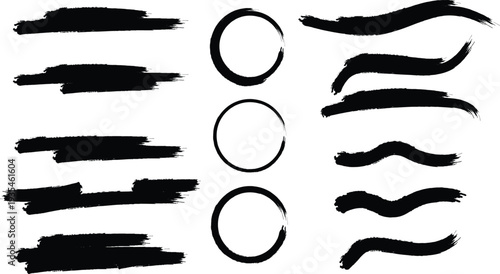 Collection of hand-drawn black brush strokes and circular shapes on a white background, perfect for grunge or artistic design overlays.