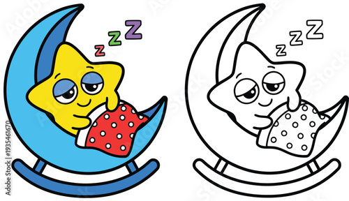 Cute Sleeping Star Character in a Rocking Moon Cradle Sweet Dreams and Nighttime Illustration