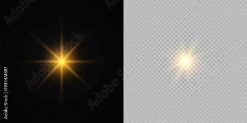 Glowing Golden Star Light Effect with Sparkle Rays and Lens Flare Illumination on Transparent Background