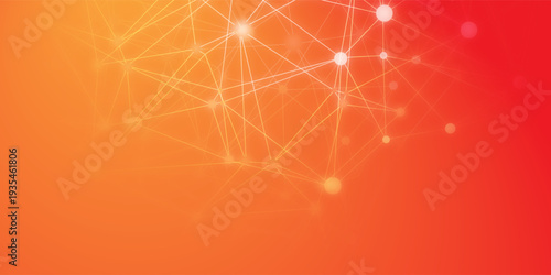 Abstract technology network background with glowing nodes and connecting lines orange red gradient digital connection vector design