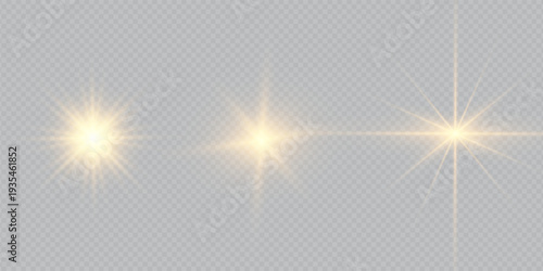 Glowing Golden Star Light Effect with Sparkle Rays and Lens Flare Illumination on Transparent Background