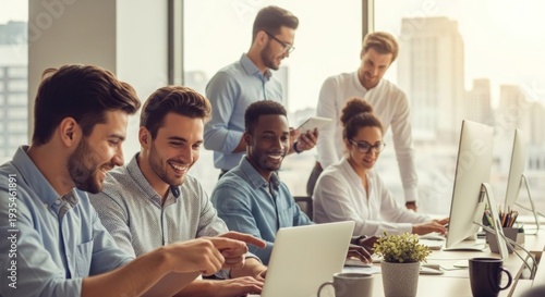 A diverse group of people working together in an office setting, with a city skyline visible through the windows.