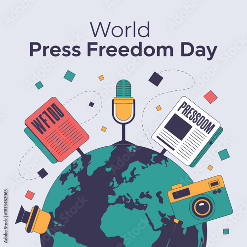 Press Freedom Day with a globe microphone, a newspaper, a camera, and a journalism media design