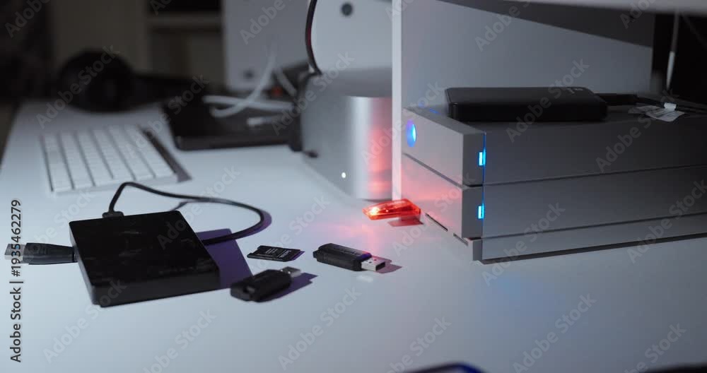 custom made wallpaper toronto digitalClose-up of a person grabbing external hard drives and USB devices next to a desktop server with glowing indicator lights, illustrating data theft, cybersecurity risks, and unauthorized access.