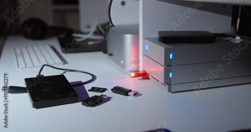 Wallpaper Mural Close-up of a person grabbing external hard drives and USB devices next to a desktop server with glowing indicator lights, illustrating data theft, cybersecurity risks, and unauthorized access. Torontodigital.ca