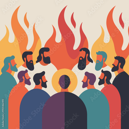 A group of people with flames above their heads and a central figure with a halo figures